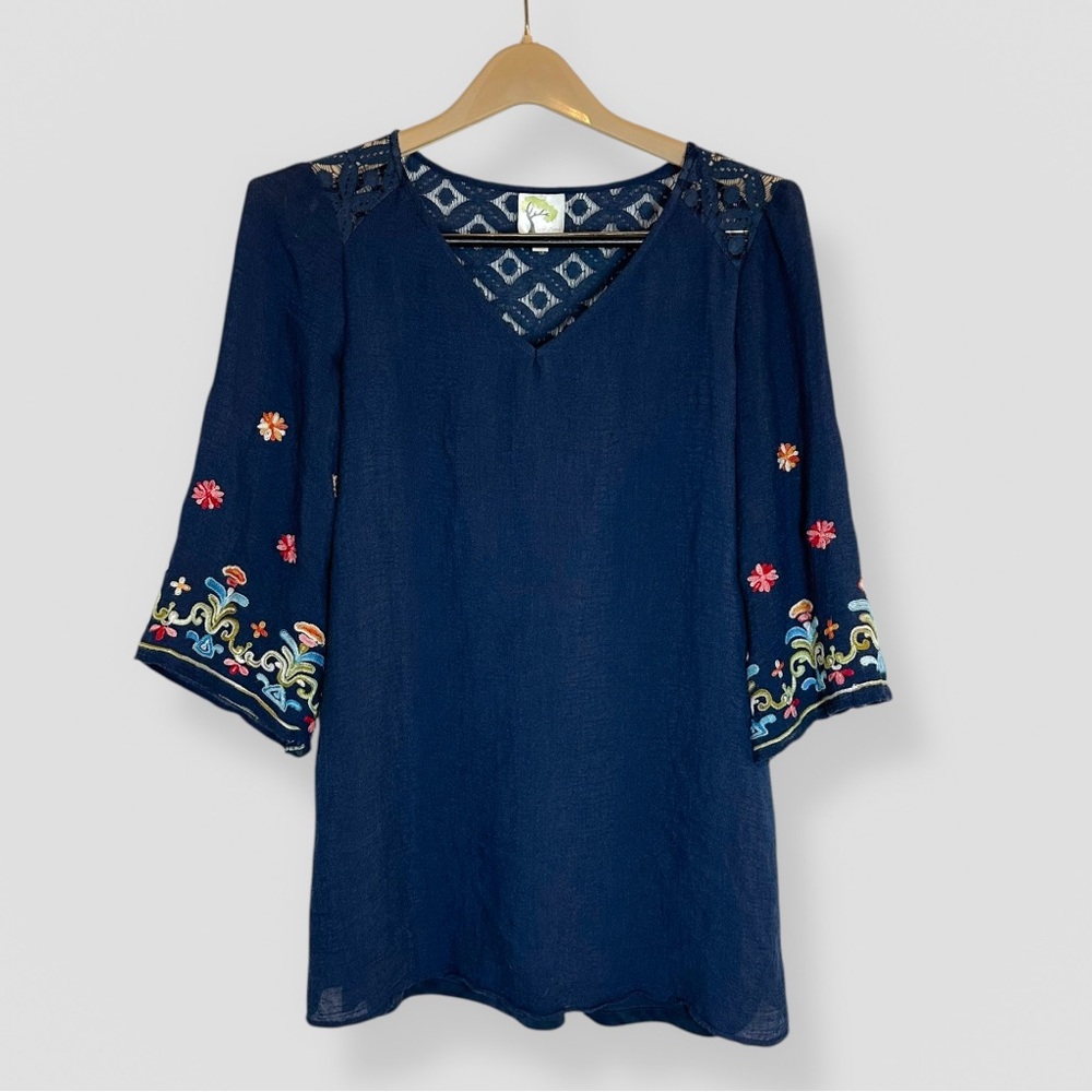 Anthropologie Fig & Flower Size Small Navy Embroidery Lace Tunic Colorful Casual